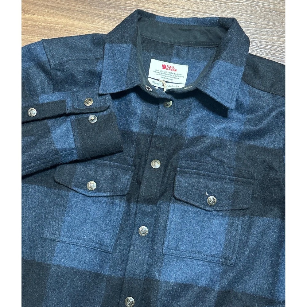 Fjallraven Canada Shirt Women's Navy Black Plaid Wool Blend Button Up Sz XS